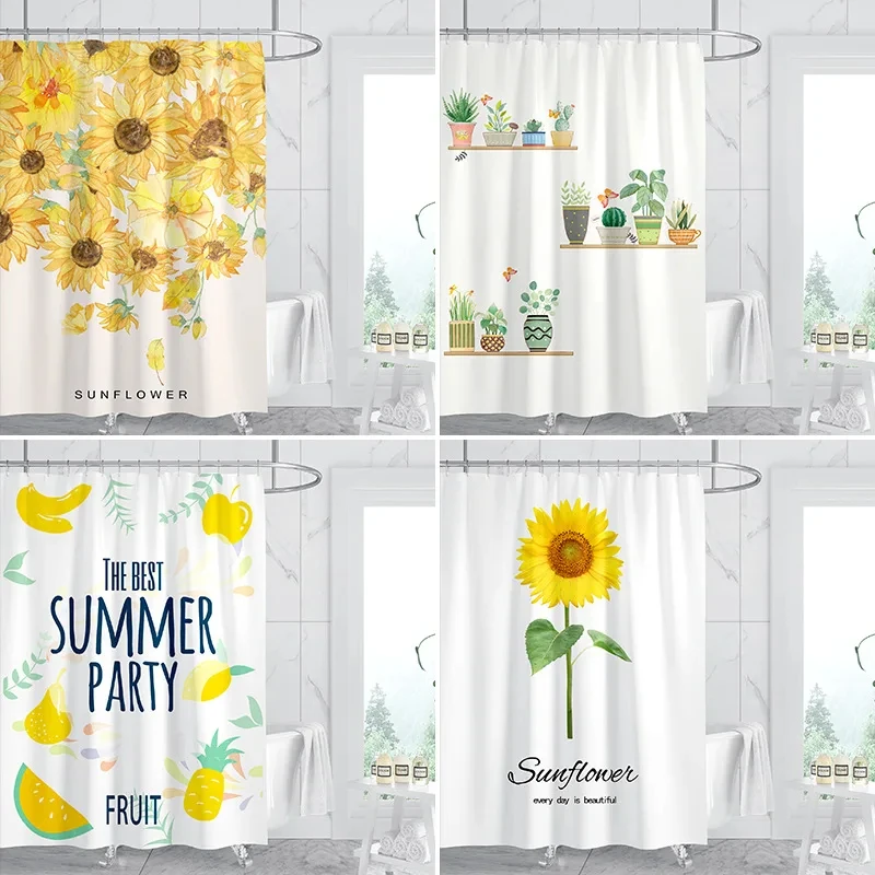 Fresh Summer Simple Yellow Sunflower Shower Curtain with Hooks Waterproof Floral Bathroom Curtains Set for Flower Bathroom Decor