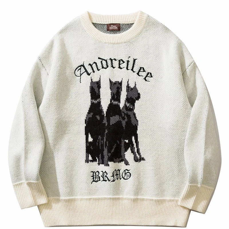 Men Vintage Sweater Y2K Streetwear Hip Hop Knitted Doberman Dog Autumn Jumper Aesthetic Harajuku Fashion Retro Casual Clothes