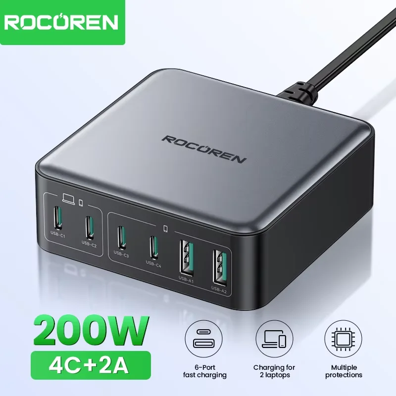 

Rocoren 200 Вт USB Type C Зарядное устройство для быстрой зарядки Настольное зарядное устройство Портативная 6-портовая электростанция для iPhone 16 15 Pro Max Xiaomi 14