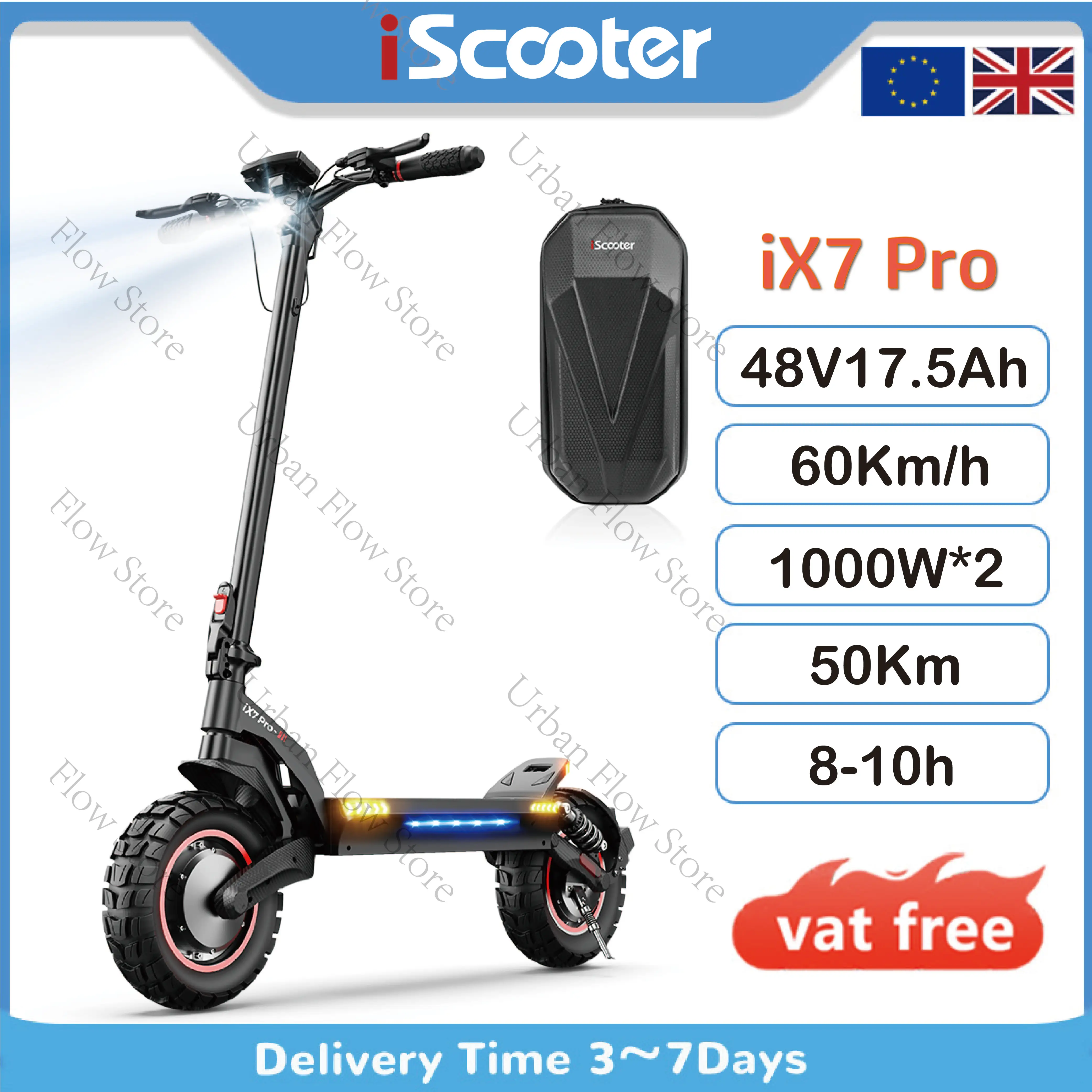 Trottinette électrique iScooter iX7 Pro, équipée d'un moteur double de 2000W, d'une batterie 48V 17.5Ah, de pneus tout-terrain de 10 pouces, atteignant une autonomie de 60 KM.