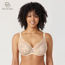 Women's Minimizer Bra Sexy Floral Lace Plus Size Underwire Unlined Full Coverage See Through Transparent