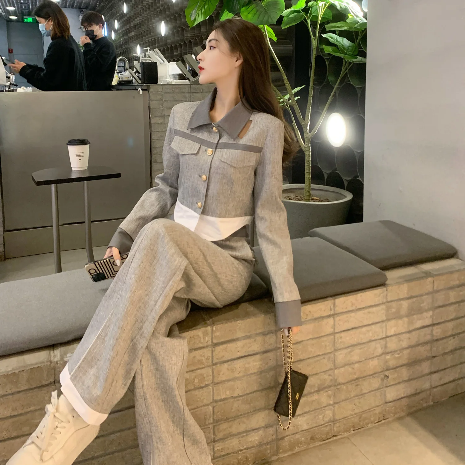 Pant Sets for Women 2 Pieces Spring Autumn Wide Leg Gray Trousers Woman Korea Stylish Chic and Elegant Classy Aesthetic Clothes