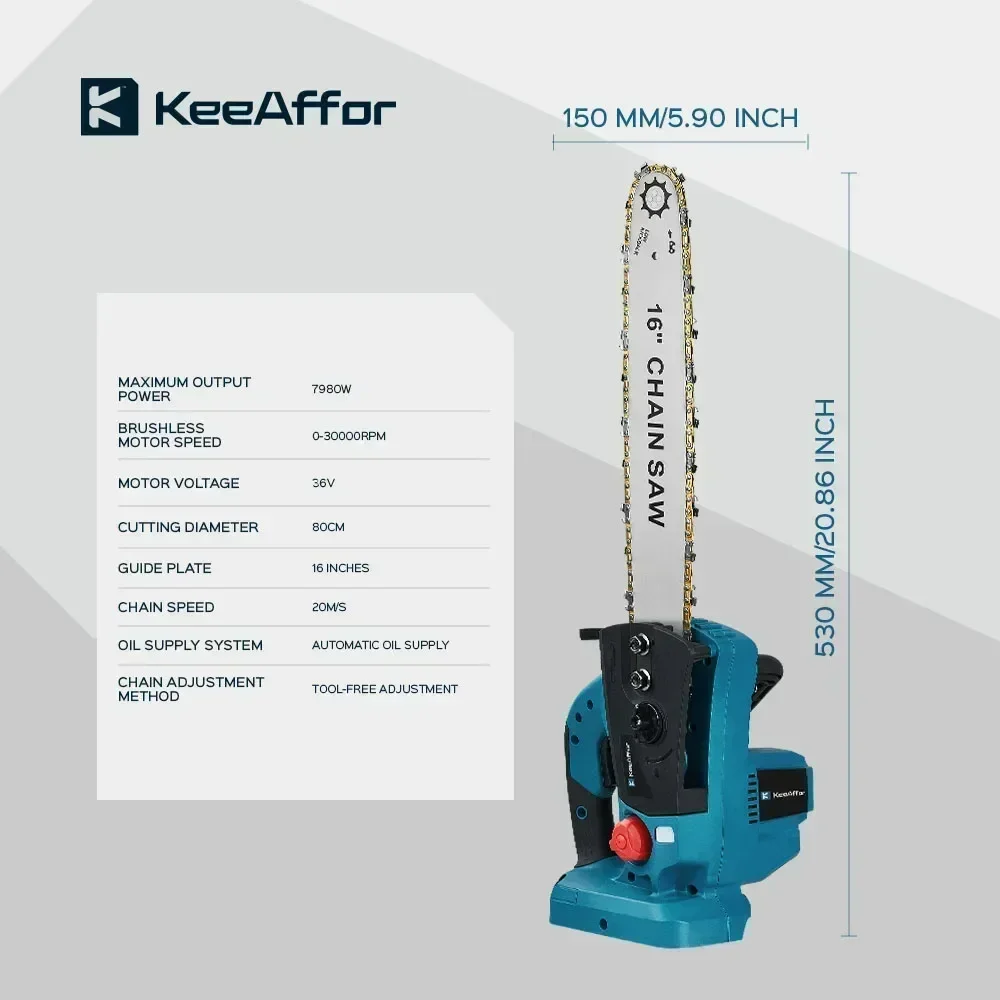 KEEAFFOR-sierra de cadena eléctrica sin escobillas, 7980W, 16 pulgadas, herramienta eléctrica de corte para carpintería, sierra inalámbrica para