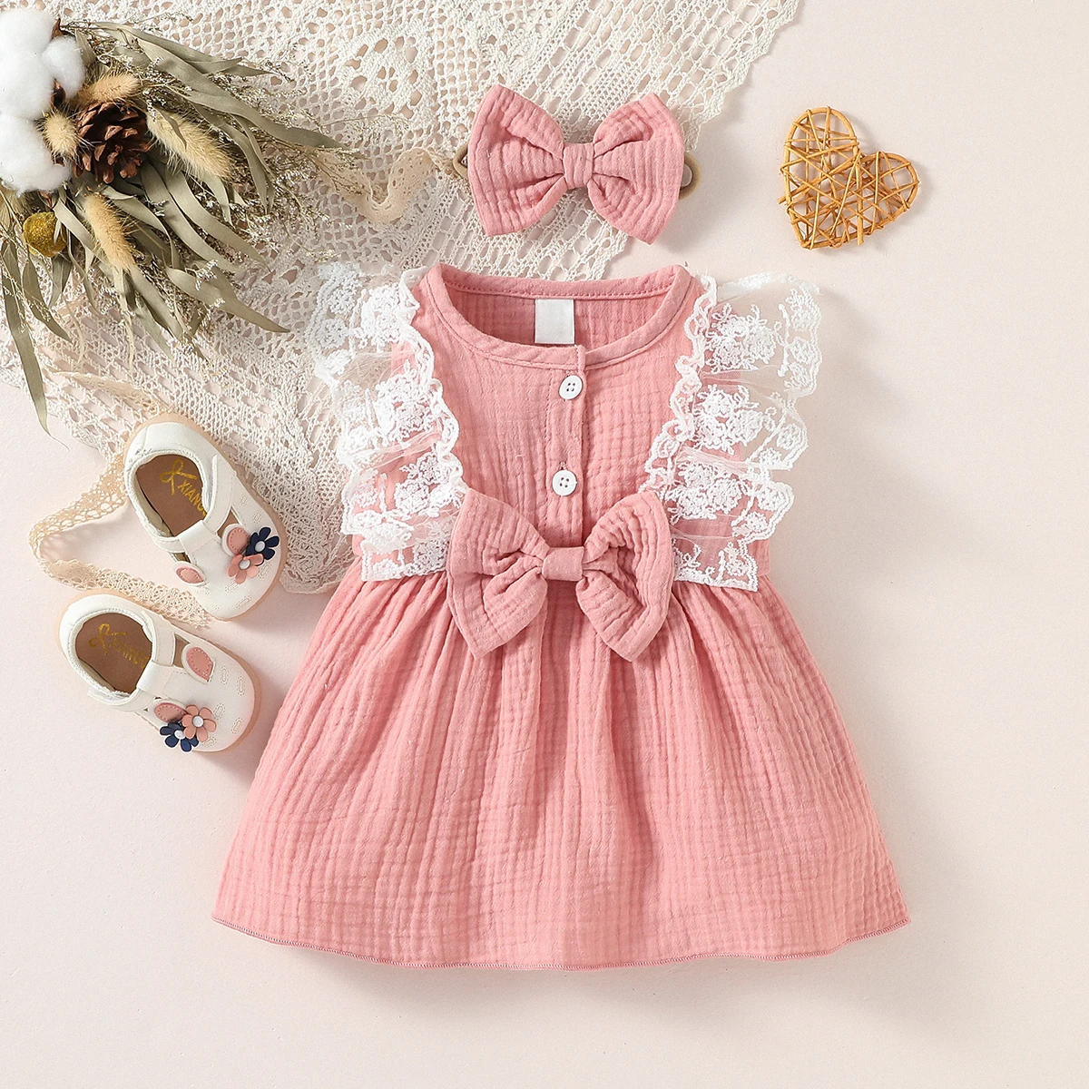 Solid Baby Girls Sleeveless  SLace Summer&Spring With Bowknots - Round Neck Vintage Dress