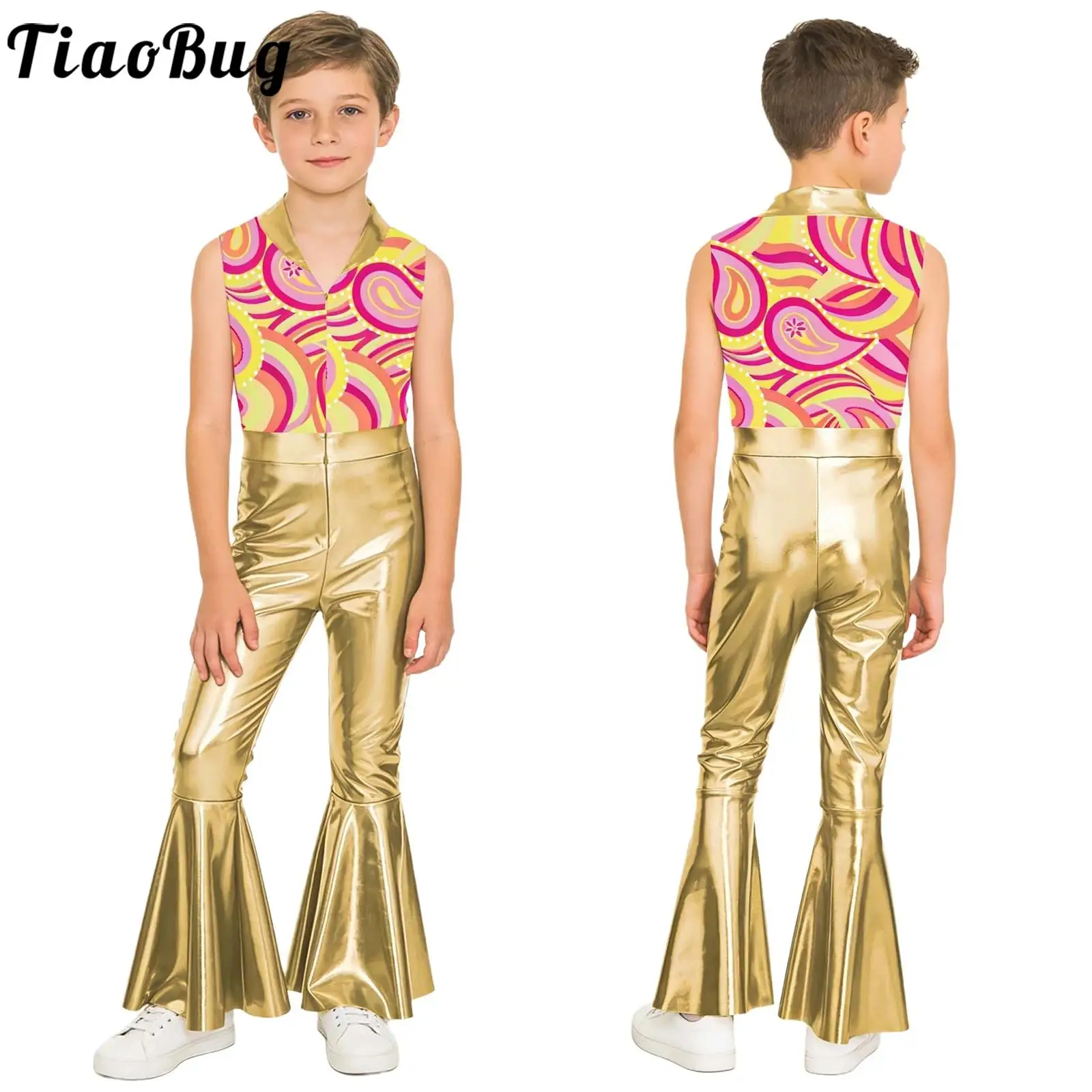 Kids Boys Metallic Disco Jazz Tango Cha-cha Outfit Costumes Sleeveless Print Flare Pants Jumpsuit for Halloween Carnival Party