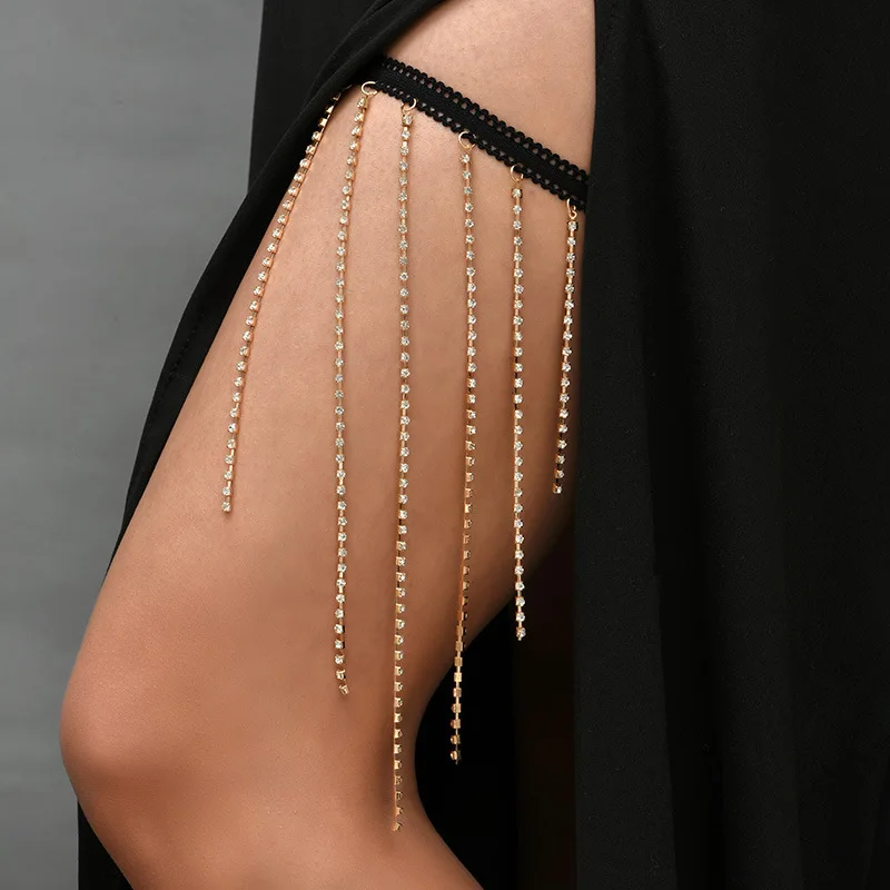 Seductive Vertical Rhinestone Fringe Thigh Garter Glamorous Sparkling Leg Harness High Slit Dress Accent Body Accessories