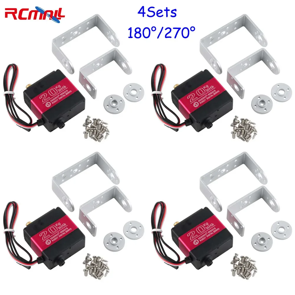 RCmall 4 Sets 20KG RDS3218 Dual Shaft Digital Servo with U Mouting Bracket 180 / 270 Degree RC Servo IP66 High Torque Full Metal