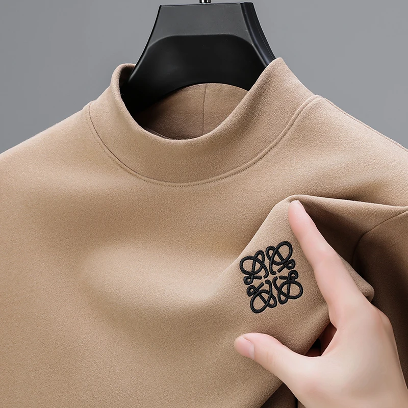 Designer Original Men's Autumn Luxury Long Sleeves T-Shirt High Neck Velvet Fleece Embroidery Keep Warm Base Layer Leisure Tops