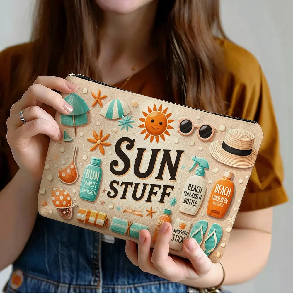 1pc summer beach themed cosmetic bag with double-sided prints. Vacation style, unisex toiletry bag for classified storage of cos