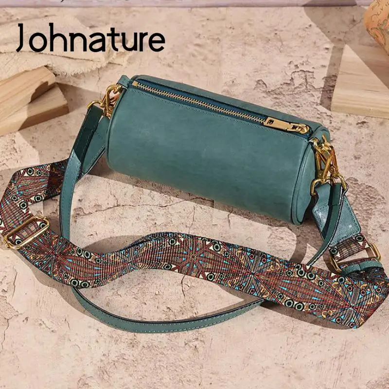 

Johnature 2024 New Genuine Leather Women Bag Fashion Solid Color Natural Soft Cowhide Barrel-shaped Shoulder & Crossbody Bags
