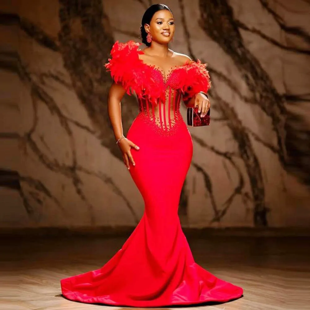 Red Feathers Mermaid Prom Dresses With Beads Pearls Exposed Boning Aso Ebi Black Girls Evening Dress Formal Birthday Gowns