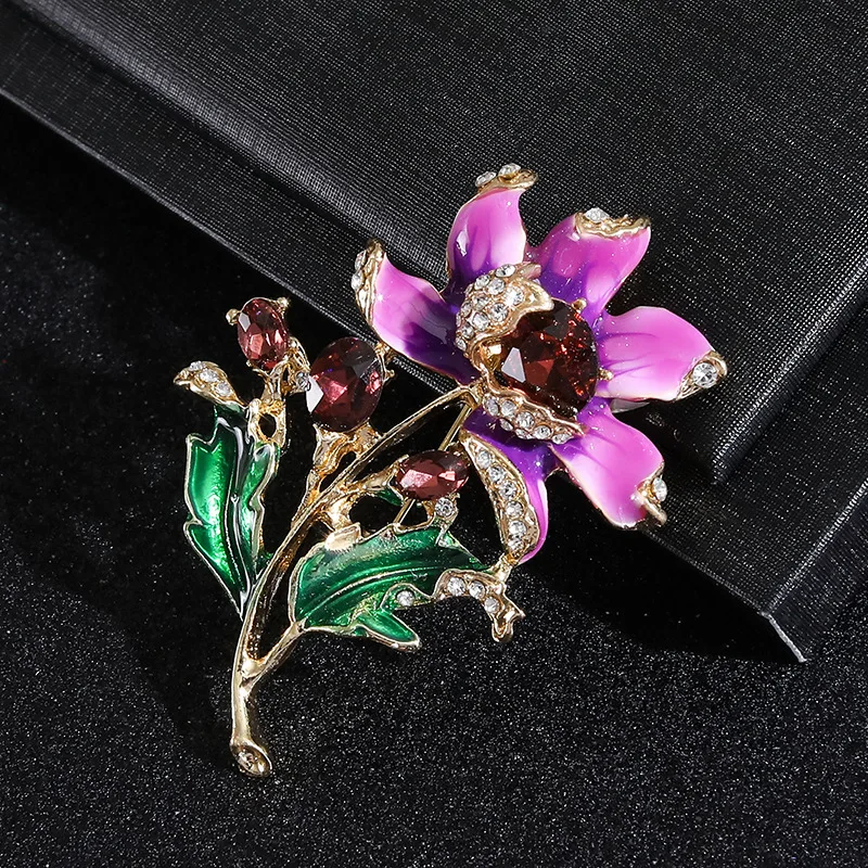 women purple enamel flower brooch, elegant fashion plant wedding party casual pin jewelry
