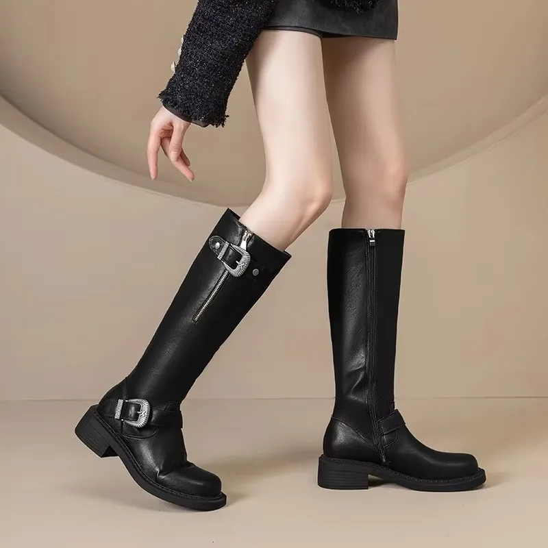 

Winter Round Toe Knee-High Boots Ladies Shoes 2024 High Quality Side Zipper Women's Boots Fashion Belt Buckle Modern Boots Women