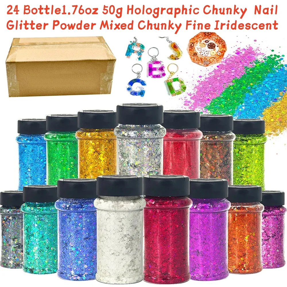 مجموعة 24 زجاجة 1.76 أونصة 50 جرام مسحوق حرفي لامع مكتنز ثلاثي الأبعاد مختلط مكتنزة غرامة مسمار الترتر للأظافر ، ديكور المهرجان #1