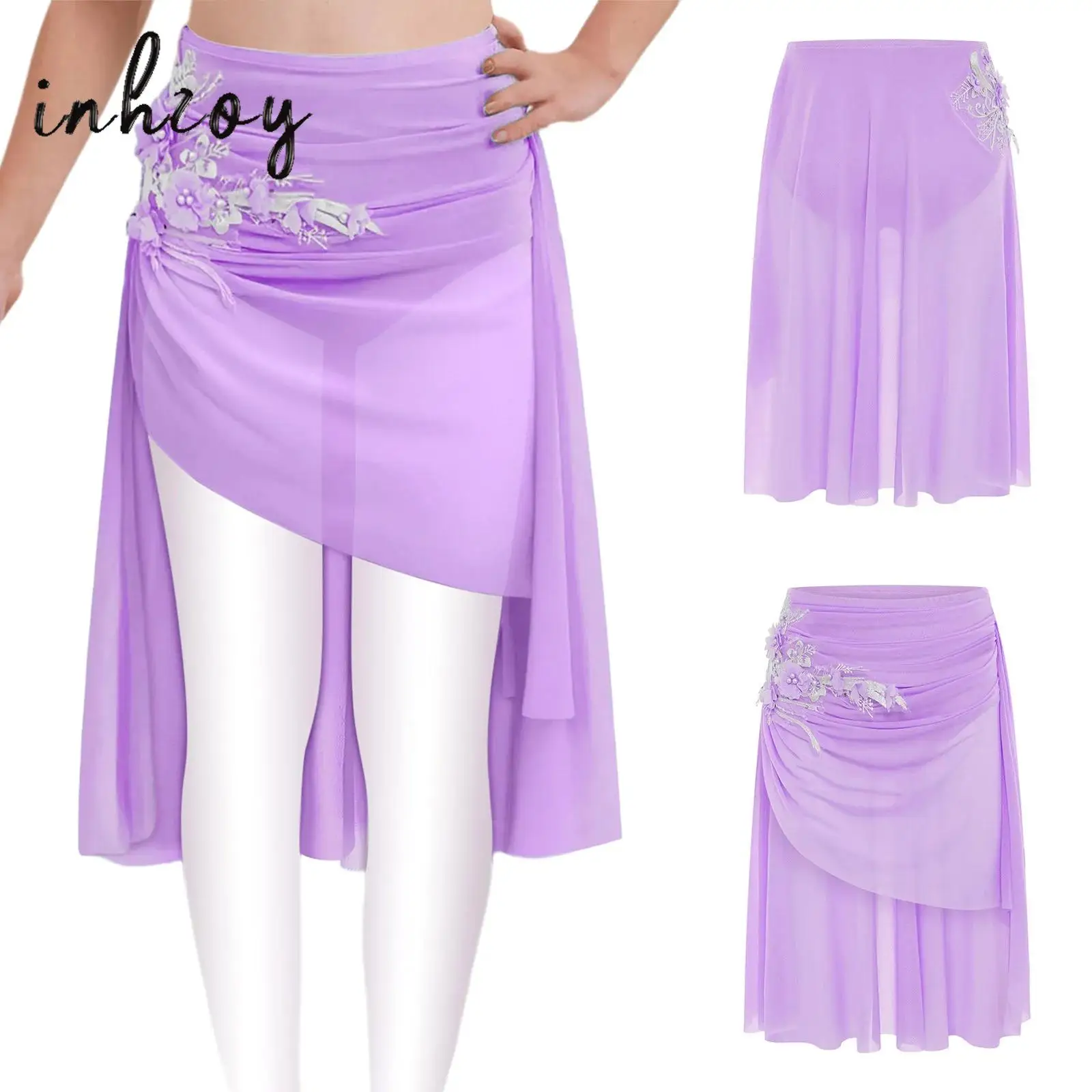 

Ballet Lyrical Dance Skirts for Kids Girls Applique Elastic Waistband Asymmetrical Ruched Mesh Skirt Dress with Built-in Briefs