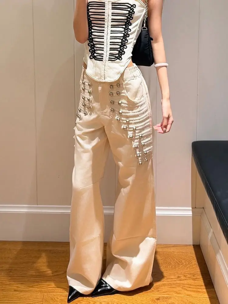 American Retro Spice Girl Street Rivet Design Sense Washed Jeans Women's Floor Pants High Waisted Jeans
