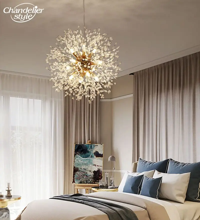 Imagem -05 - Nordic Sputnik Lustres Moderno Led Chrome Ouro Dandelion Firework Cristal Frisado Pingente Luzes Sala de Estar Quarto Lâmpadas