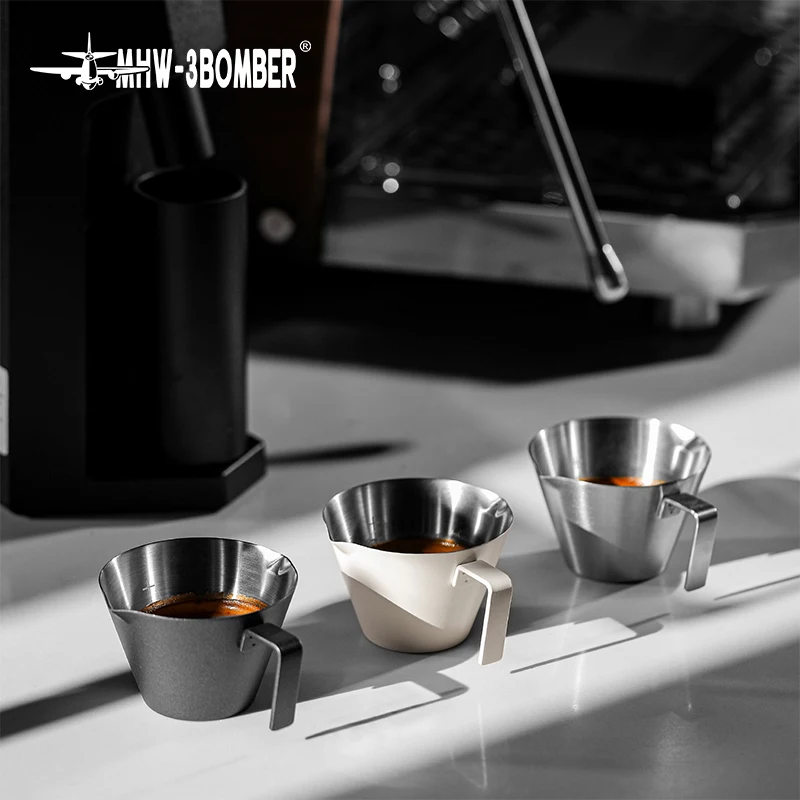 MHW-3BOMBER Double Spouts Espresso Measuring Cup 110ml Stainless Steel Triple Pitcher Milk Cup with Scale Home Coffee Accessorie