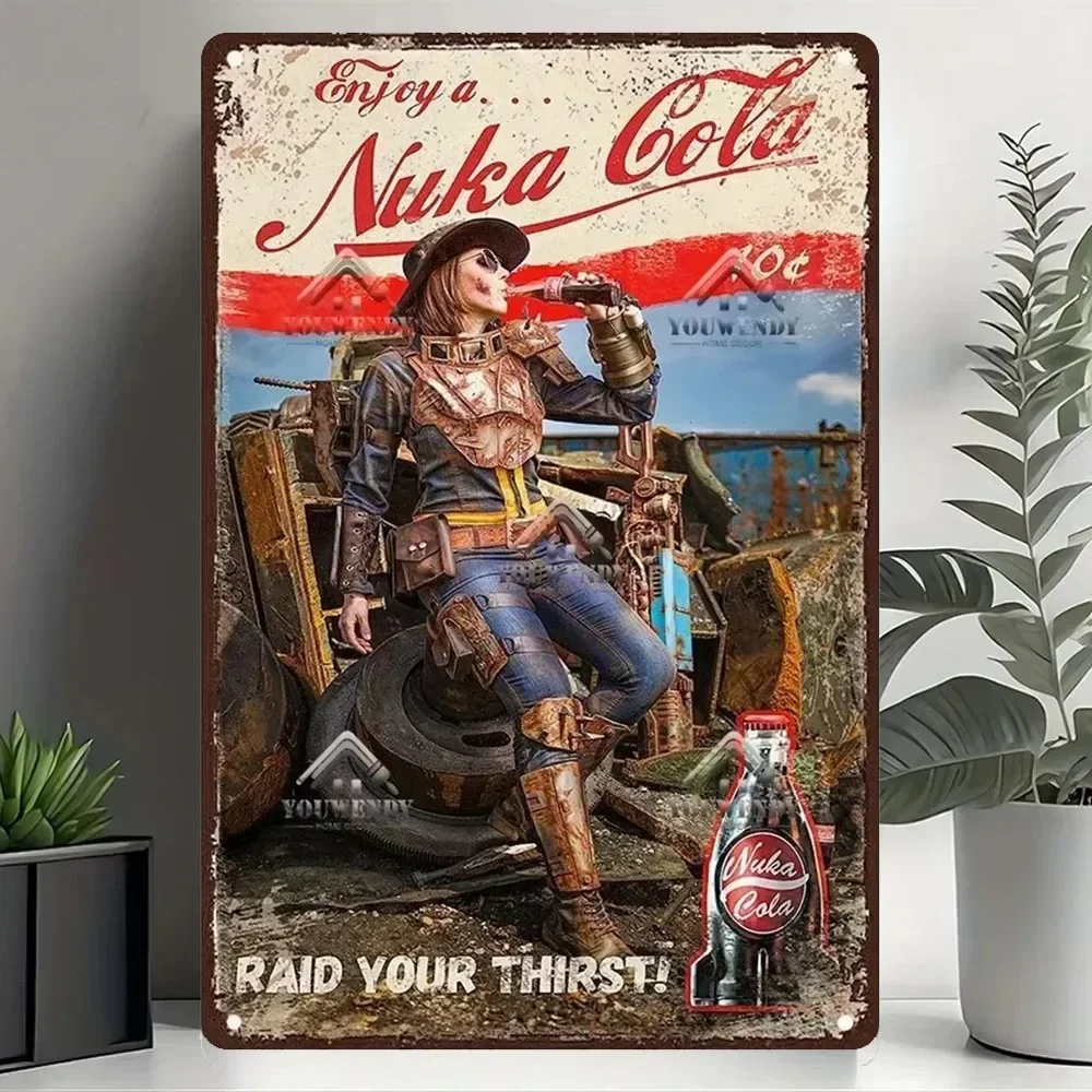 علامة معدنية لملصق مشروبات Nuka Cola - ديكور حائط لألعاب الحانة ذو طابع ألعاب عتيق، فن معدني نهائي