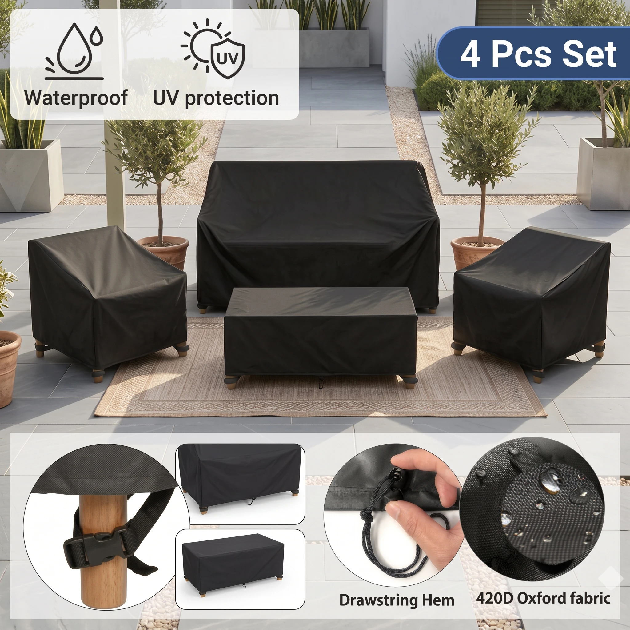 4 Pcs Patio Furniture Covers Set Waterproof Heavy Duty 420D Oxford Outdoor Rattan Sofa Loveseat Chair Table Cover All-Weather UV