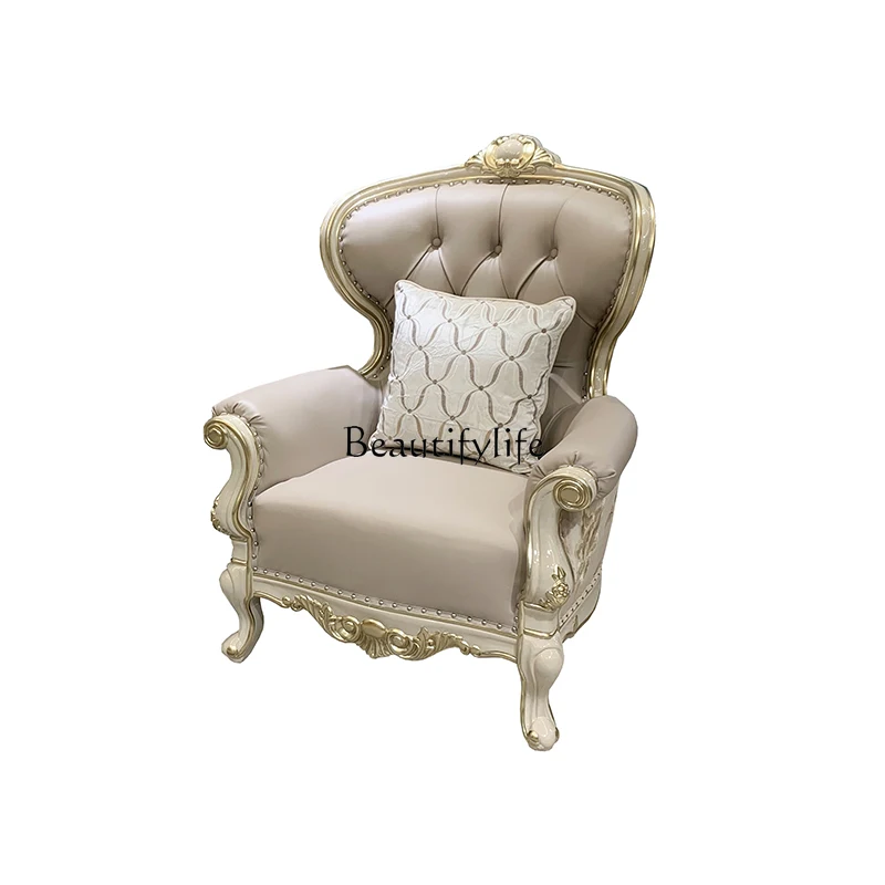 

European leather leisure chair, French court luxury living room solid wood carving flower warm gray leisure chair