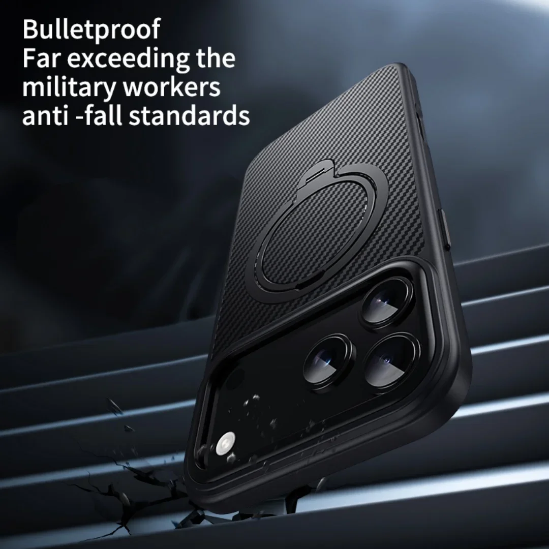 Funda protectora premium antiarañazos de fibra de carbono para iPhone 17 Pro Max Air 17Pro Magsafe con 360 ° Cubierta del soporte del soporte giratorio