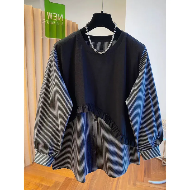 

Striped Shirt Women's Long Sleeved 2025 New Style Autumn Chic Fake Two-piece Top