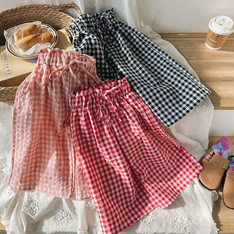 

Girls Cotton Loose Plaid Wide-Legged Pants Summer Thin Children's Tie Elastic Waist Korean Lovely Daily Casual Trousers