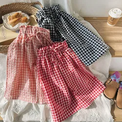 Girls Cotton Loose Plaid Wide-Legged Pants Summer Thin Children's Tie Elastic Waist Korean Lovely Daily Casual Trousers