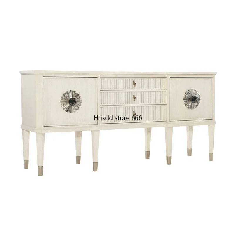 

zqSolid Wood Antique White Sideboard Cabinet Simple Modern Light Luxury Entrance Living Room Curio Retro Locker