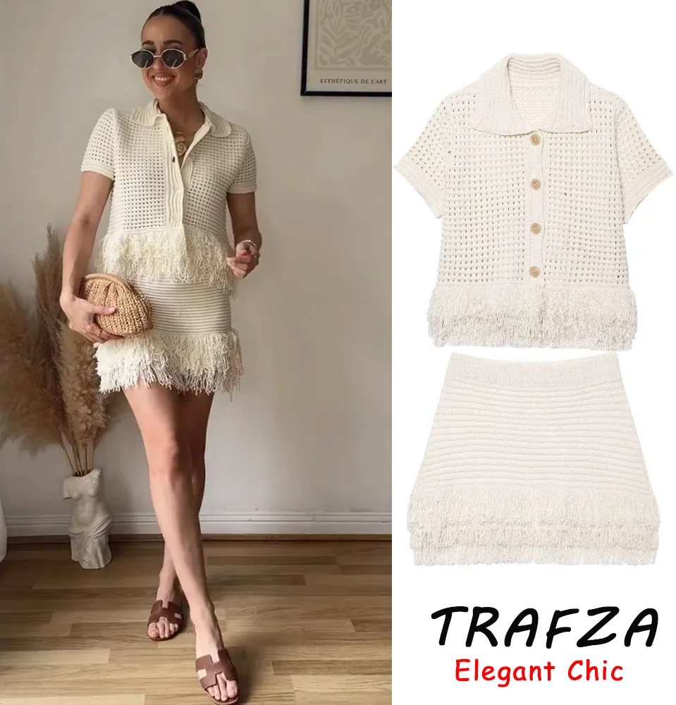 

TRAFZA-Women Chic Hollow Short Set Beige Tassel Short Sleeve Top Mini Skirt 2025 New Fashion Summer Holiday Date Skirt Set