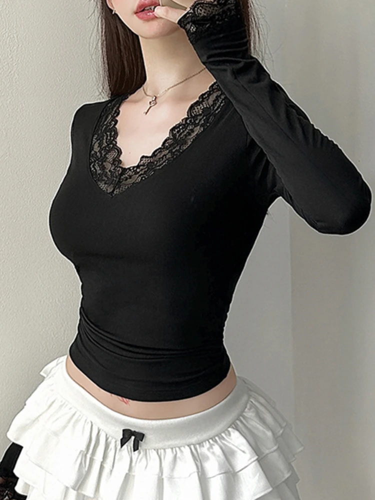 AltGoth Aesthetic Sweet Basic T-shirt Women Streetwear Dark Gothic Elegant Lace Patchwork V-neck Long Sleeve Crop Tee Tops Femme