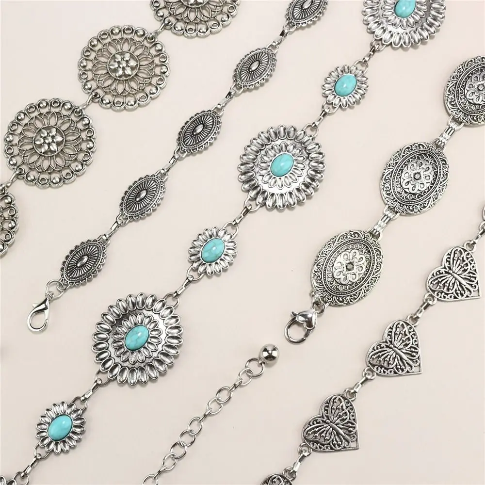 Cinturón de cadena de cintura ajustable de Metal Retro, cinturón decorado bohemio plateado, cinturones de vaquera occidental ajustados para mujer