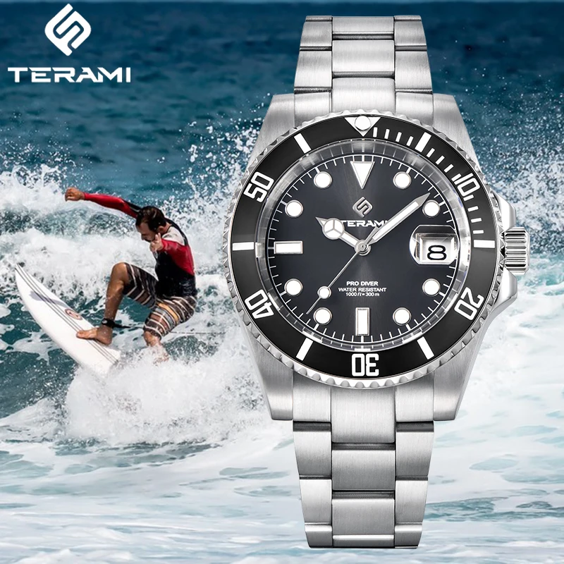 TERAMI Professional Auto Date Mechanical Mens Watch 300m Waterproof 316L Stainless Automatic Movement Sapphire Diving Clock NH35 view 6