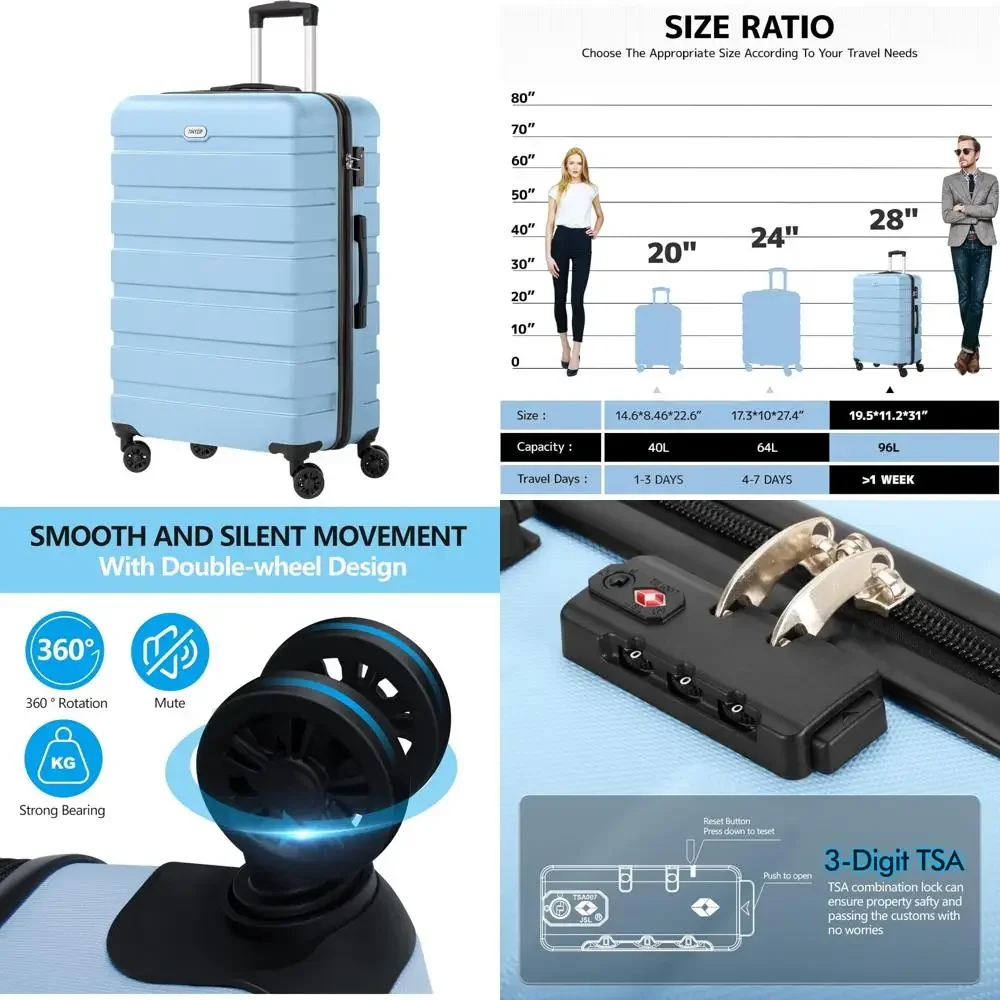 حقيبة ABS صلبة خفيفة الوزن مع 4 عجلات عالمية، قفل TSA، كبيرة 28 بوصة، أزرق فاتح للسفر