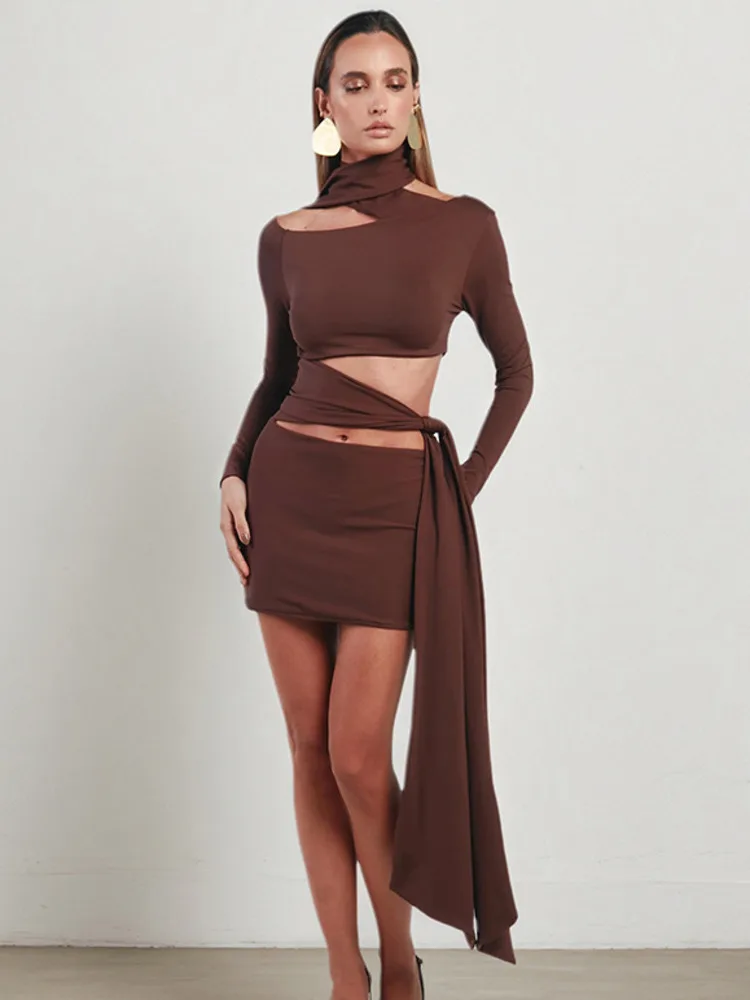 

Mozision Hollow Out Long Sleeve Sexy Mini Dress Women Fashion Halter One Shoulder Backless Draped Ruched Club Party Dresses