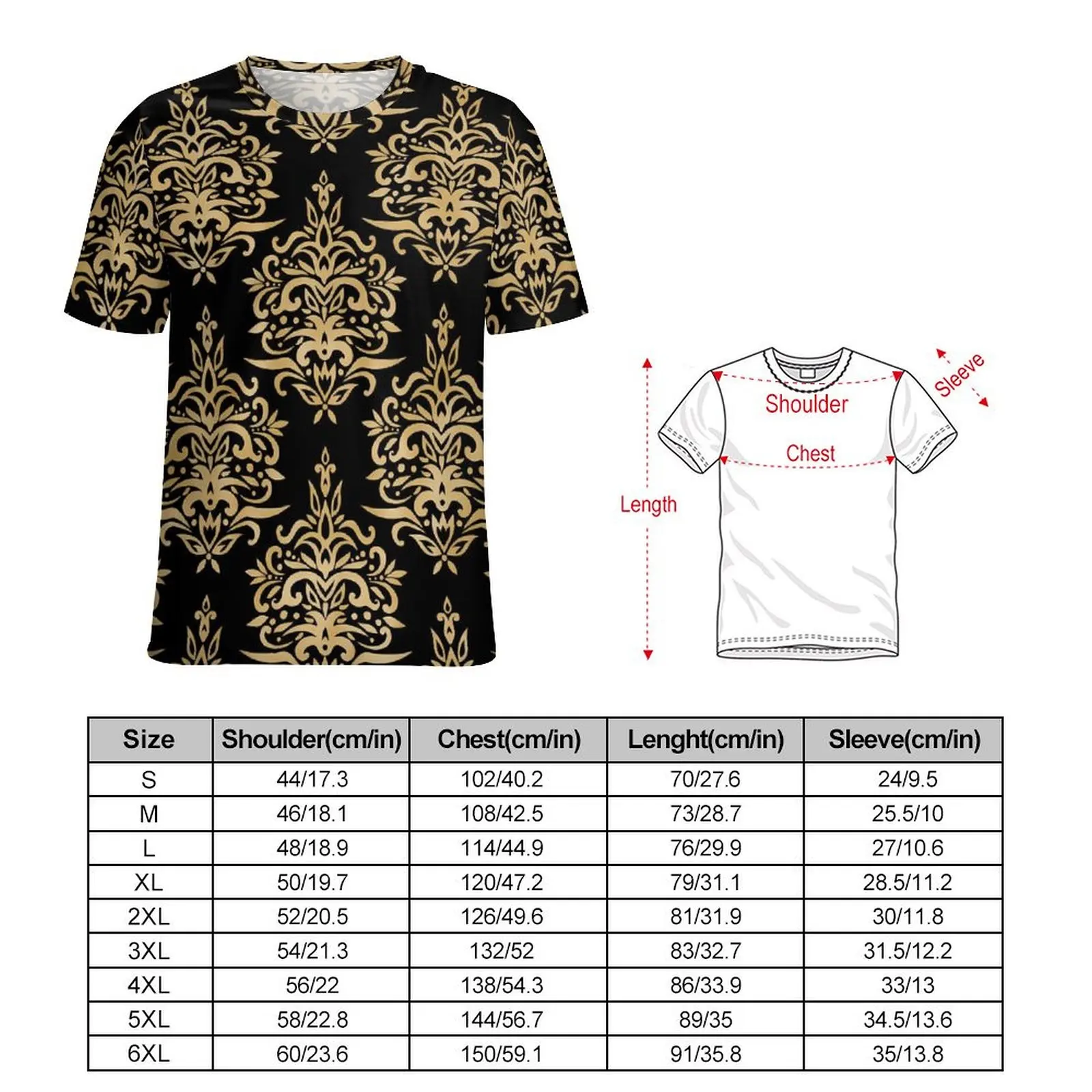 Oversized T-Shirt Summer Dressy Damask T Shirts Black and Gold Funny O-Neck Tee Shirt Men Novelty Pattern Tees