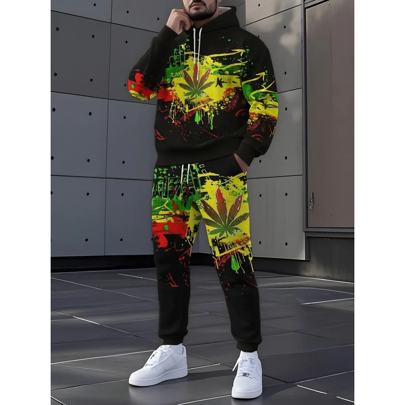 Men'S Fashion Hooded Sweatshirt And Pants Two-Piece Set | Fashionable Printed Design, Comfortable And Loose Casual Streetwear