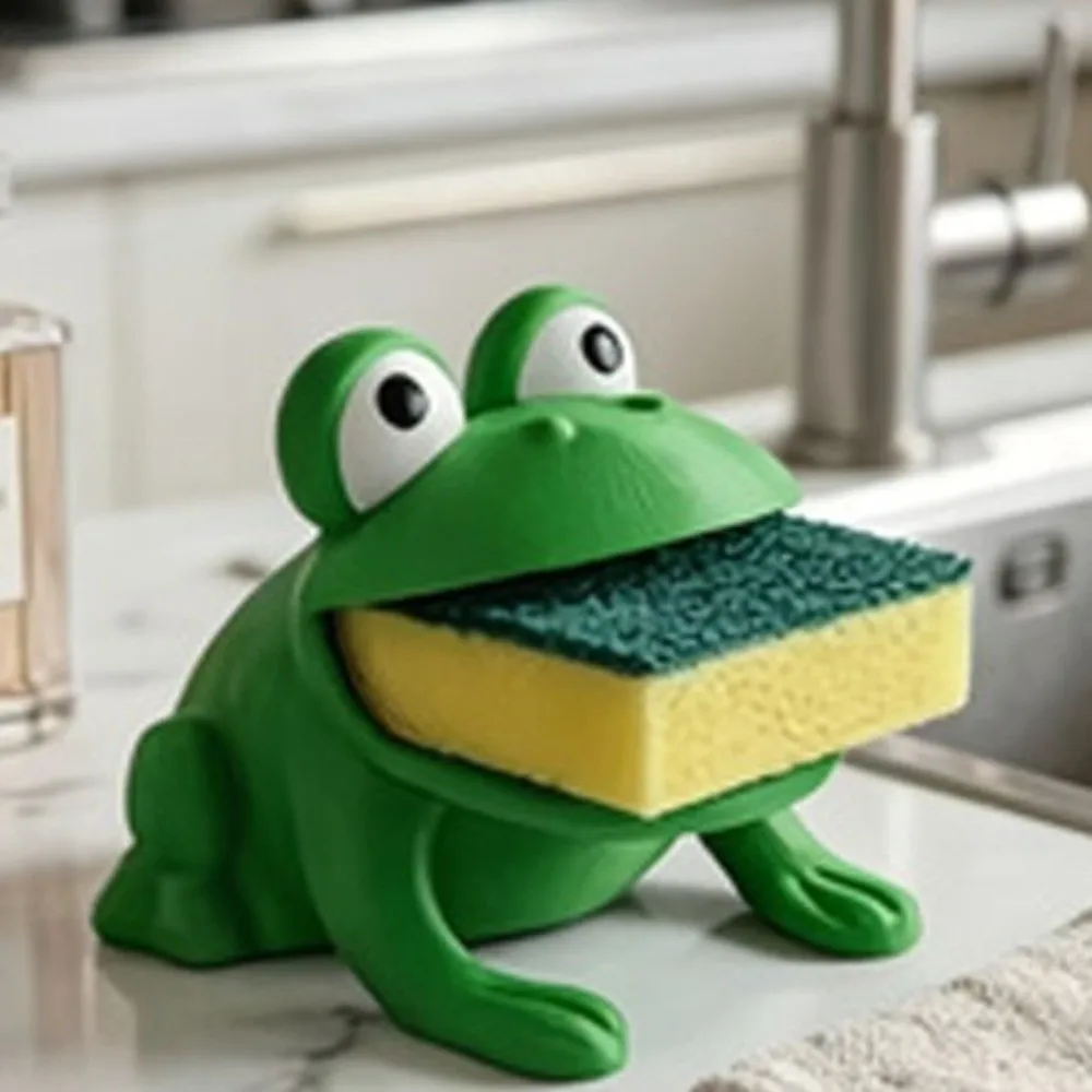 3D Printed Frog-Shaped Sponge Storage Rack Big Mouth Frog Self-draining Dish Cloth Drain Stand Cartoon with Drain Hole view 2