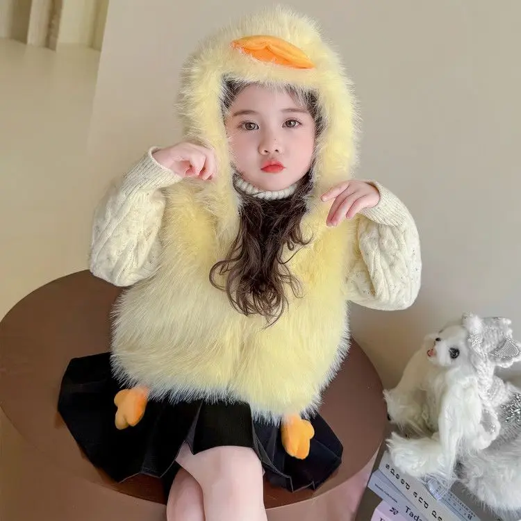 Girls Faux Fur Vest Autumn Winter 2026 New Children Stylish and Plush Thick Hairy Coat Baby Girl Vest Jacket