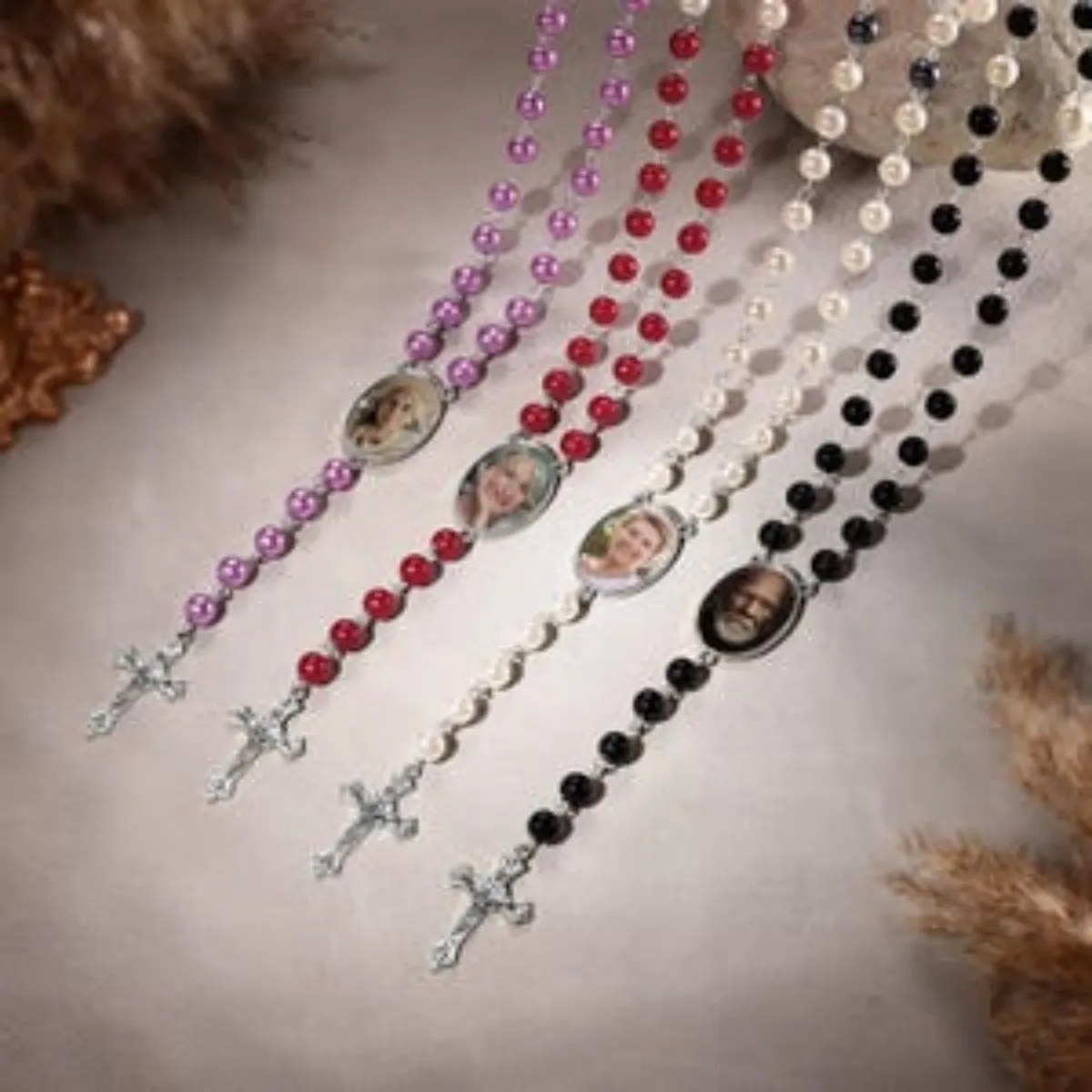 

Custom Photo Rosary Necklace Memorial Cross Pendant Personalized Portrait Jewelry Grief Gift for Mom Dad Husband Wife Grandma