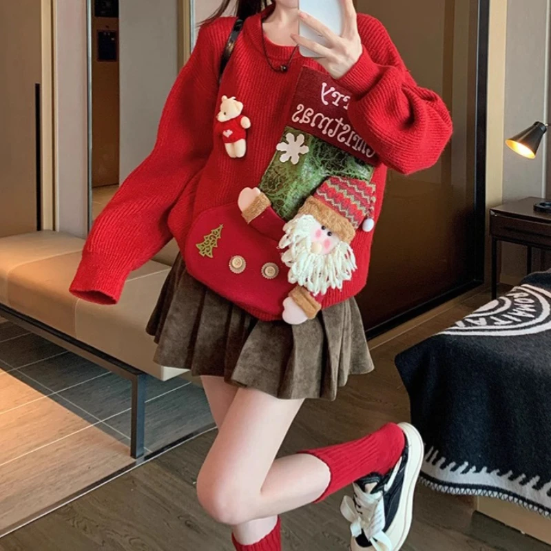 

Christmas Sweater Loose New Lazy Sweater Wearing Thick Sweater Three-dimensional Cartoon Red Knitwearin Autumn and Winter Women