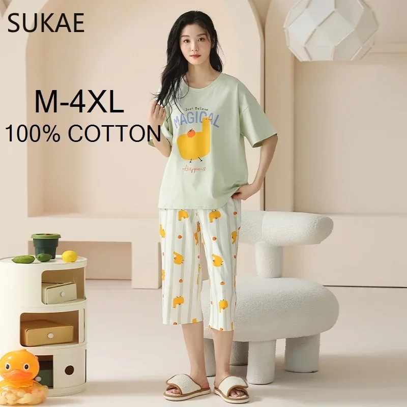 SUKAE 100% Cotton M-4XL Women Pajamas Set Summer Sleepwear Short Knee-length Pants Nightwear Capris Loungewear Cartoon Pijama