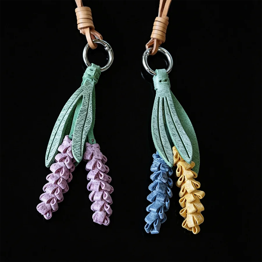 Purple Lavender Genuine Leather Bag Charm Car Keychain Waiting For Love Eternal Romance Bag Pendant Small Gift Decoration