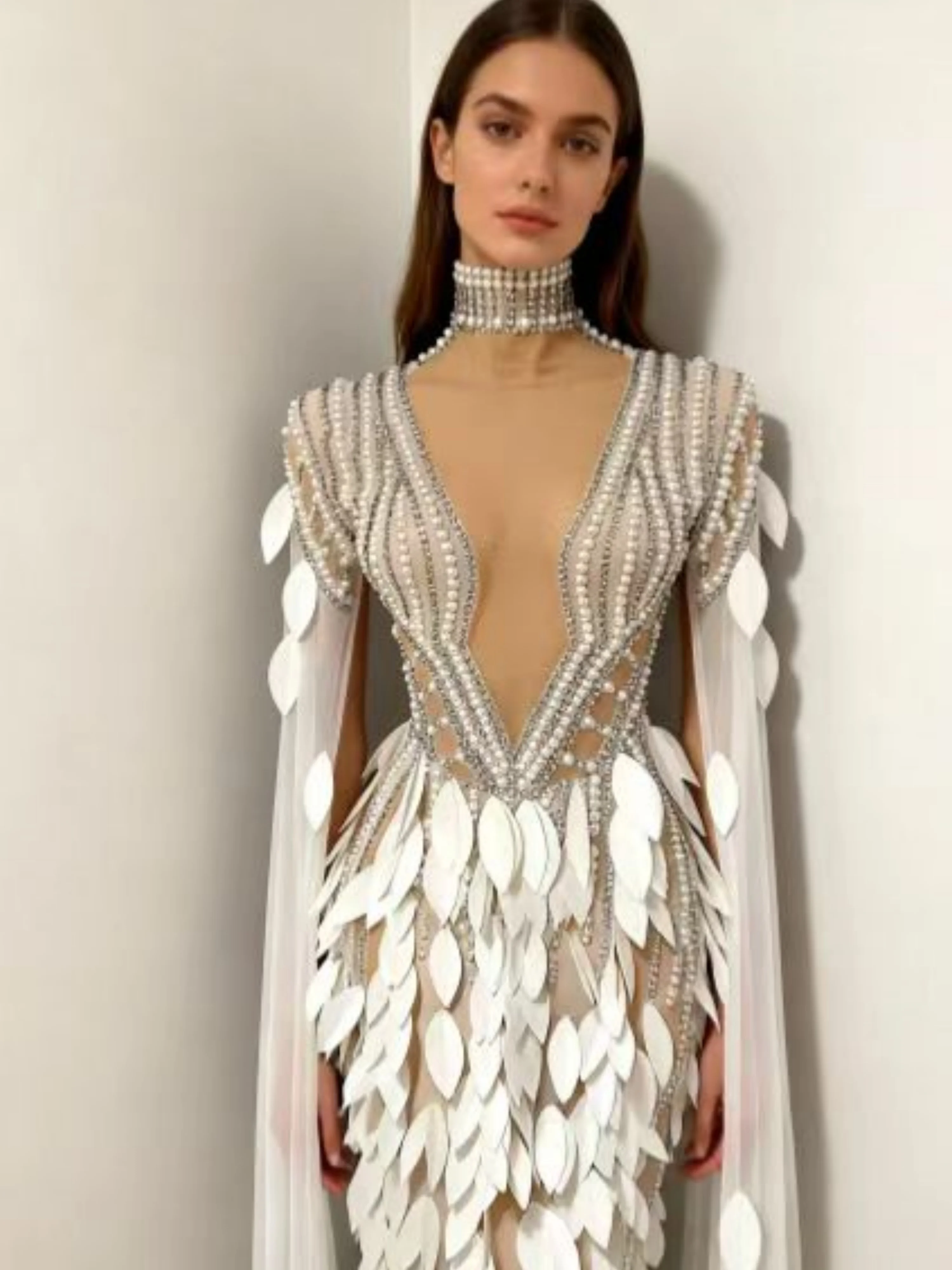 Saia de tule em camadas de folhas brancas 3d, tapetes vermelhos, apresentações de palco, festa à noite, elegante, decote em coração, vestido de contas de cristal