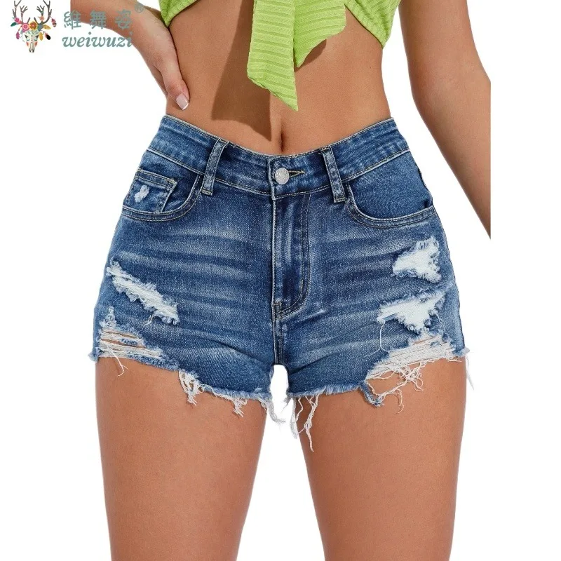 Vintage Denim Shorts Jeans for Women Fashion A-line Ripped Hem Hot Pants Streetwear Skinny Elastic Sexy Beach Vacation Shorts - Image 5