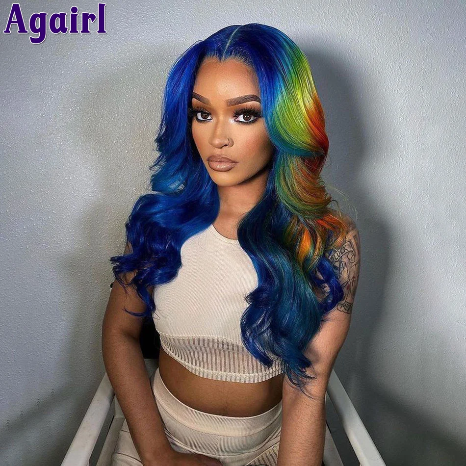 Multi Colored Lace Front Wig Body Wave Human Hair Blue With Red Green Highlight 6X4 Lace Closure Wigs For Women Pre Plucked 180%