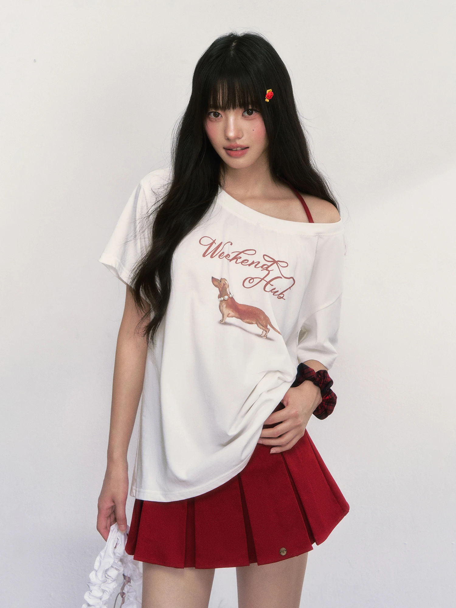 

Wedhub корейская футболка с принтом собаки и колбасы, женская летняя свободная белая футболка ort Sve round Ne Top