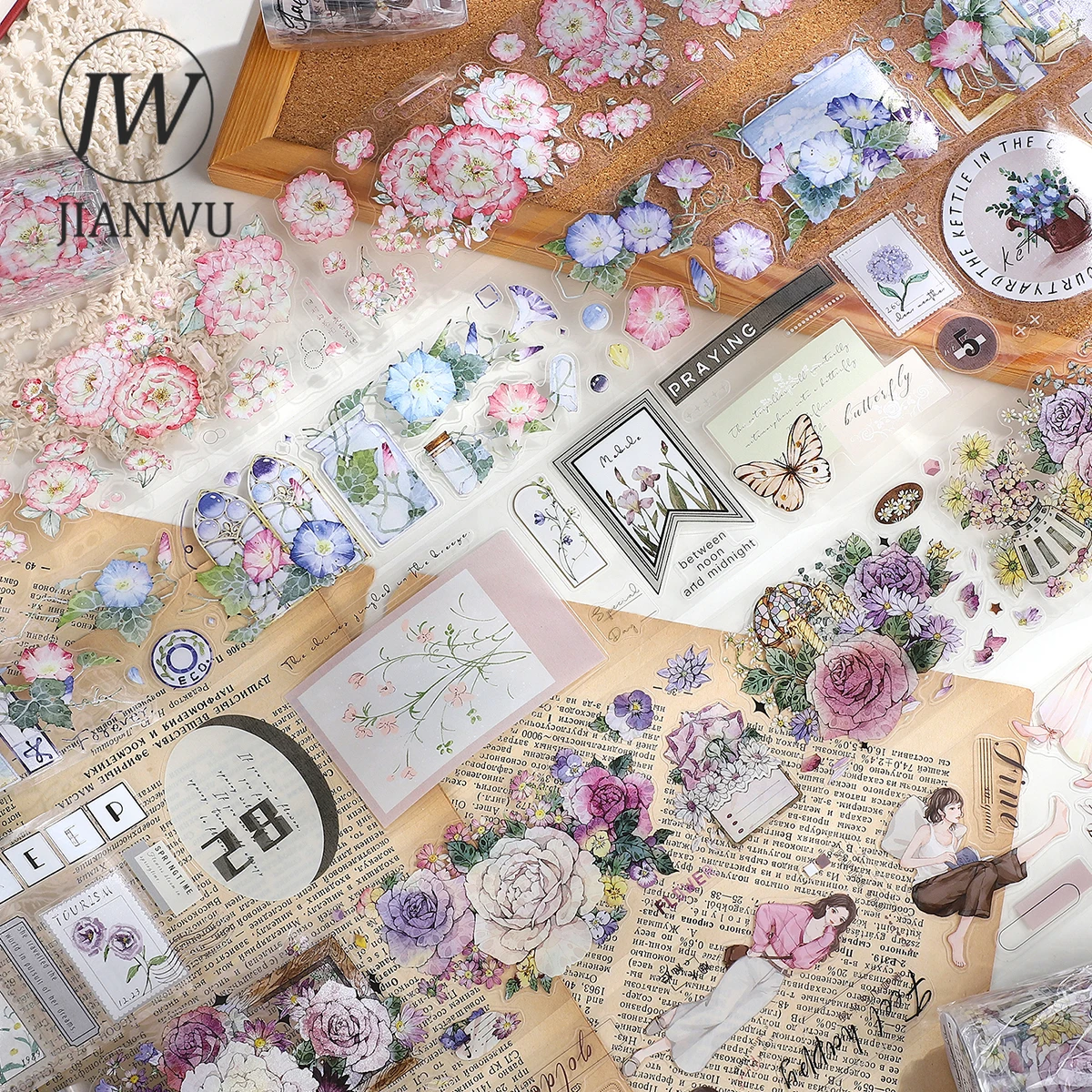 Imagem -02 - Jianwu-literary Girl Character Flower Label Material Colagem Pet Tape Creative Faça Você Mesmo Jornal Scrapbooking Papelaria 500cm 600cm