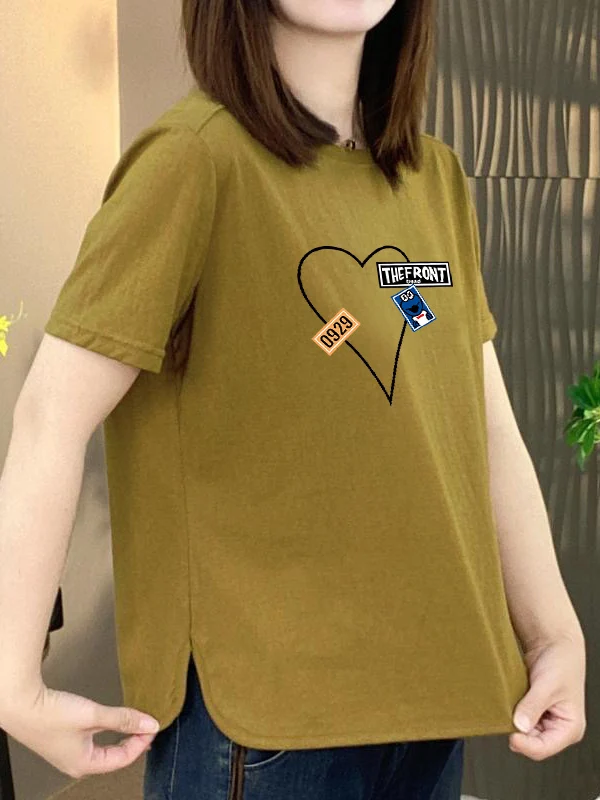 

Fashionable Printed T-Shirt Women's Loose Slimming Summer Casual Top Short Sleeve round Neck Polyester Fiber Mommy Wear